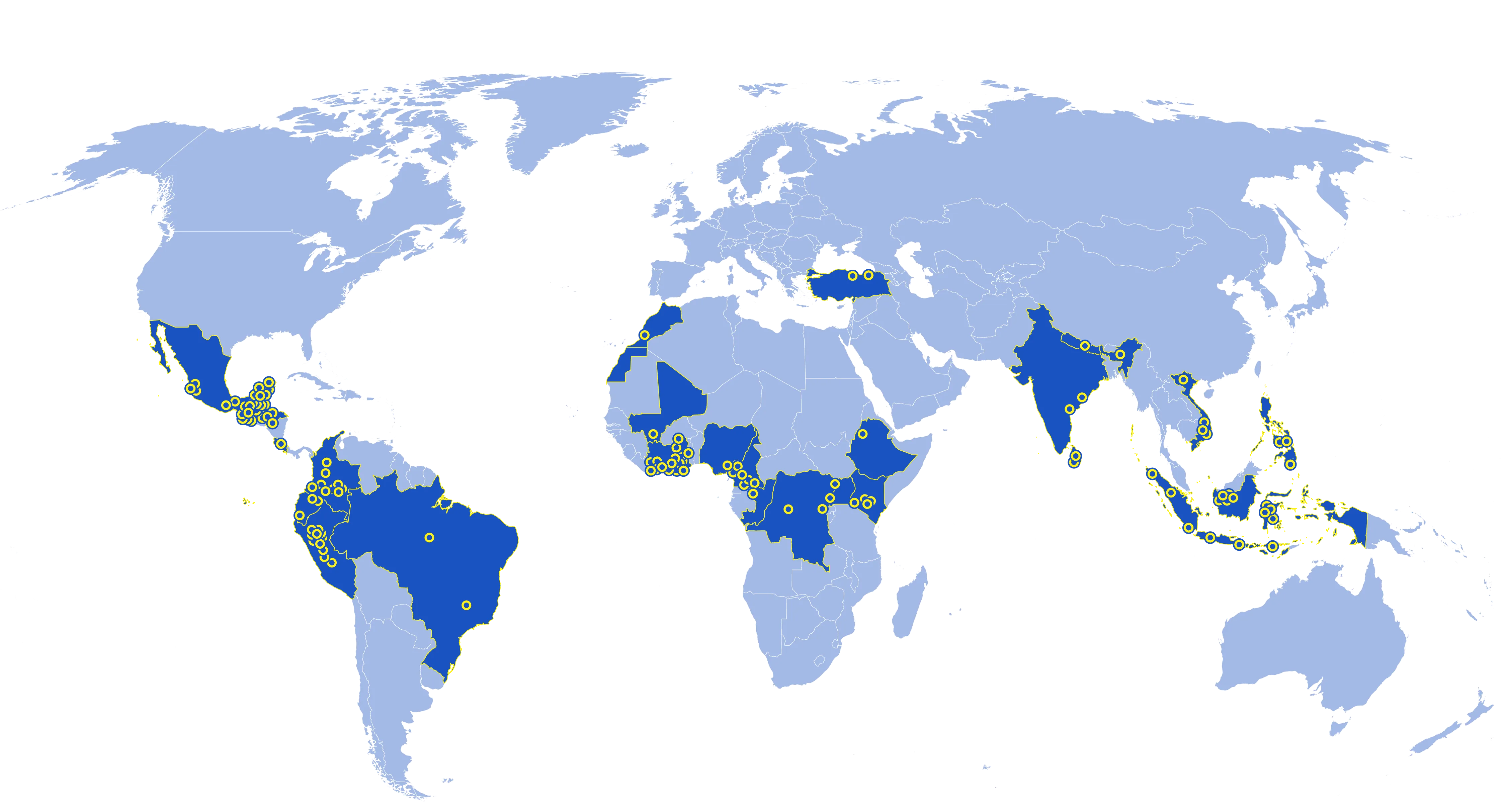 Map of current Rainforest Alliance certified landscape projects farms