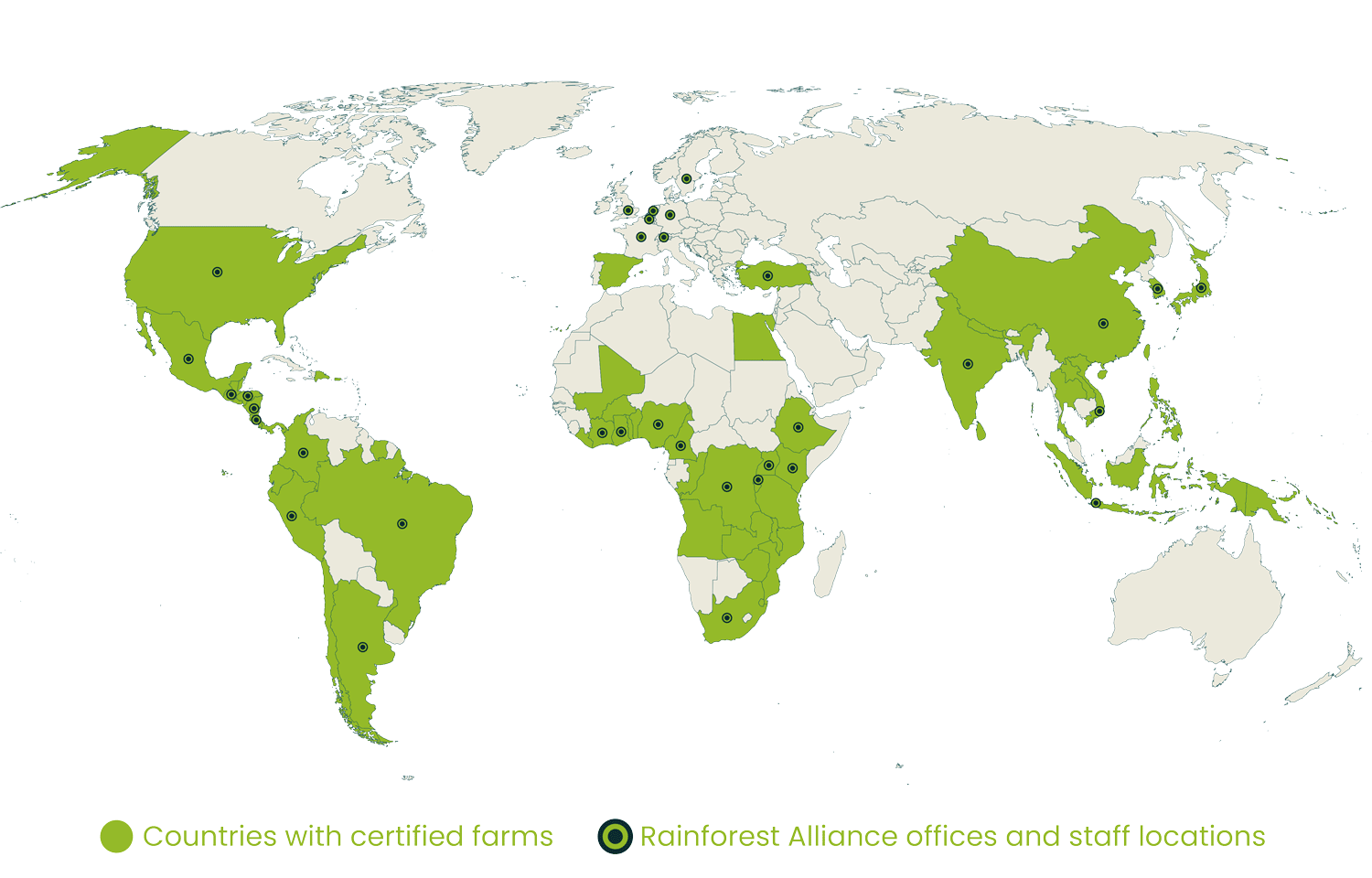 Animated gif of multiple maps showing where the Rainforest Allianceworks around the world.