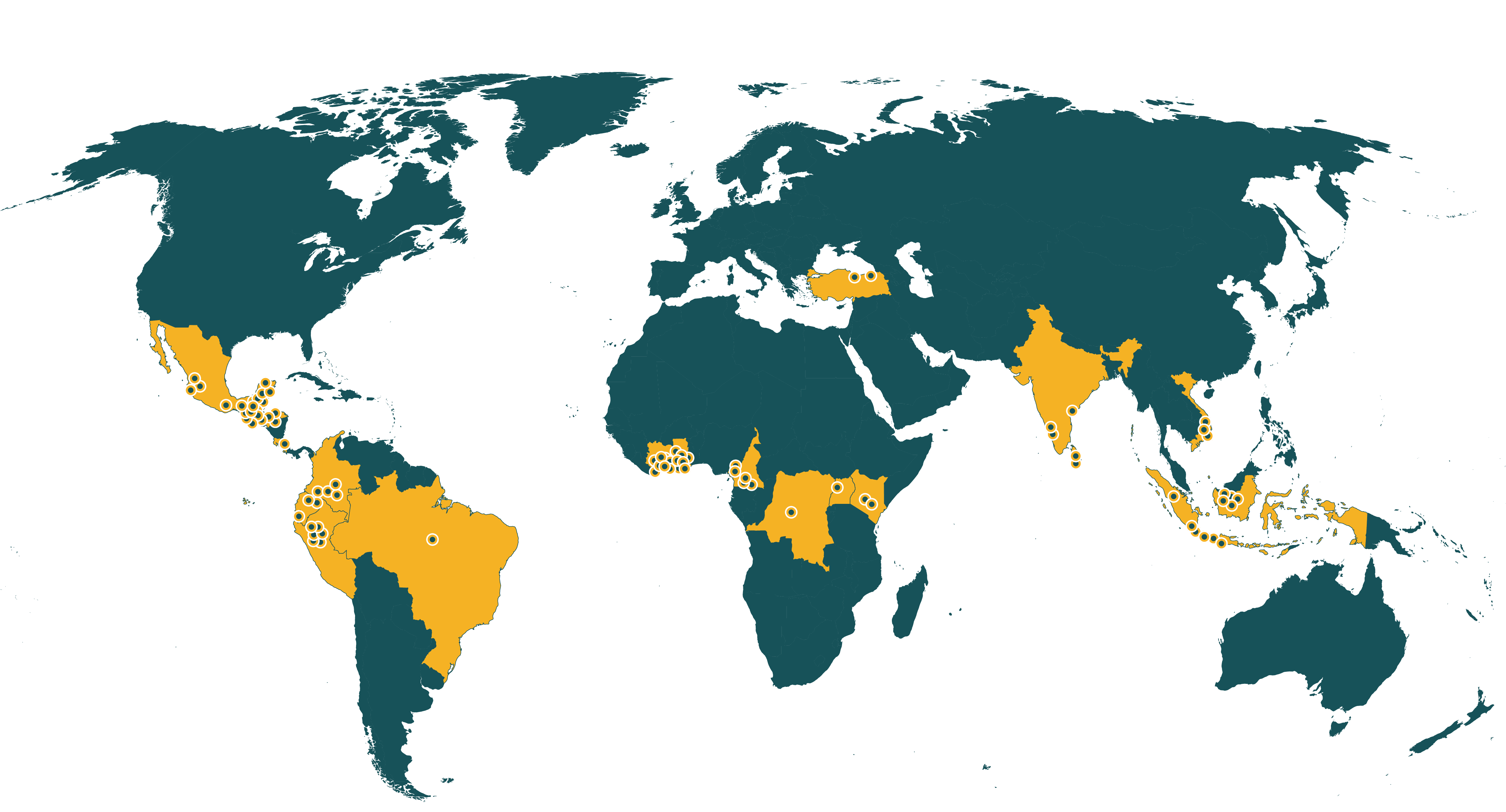 Map of current Rainforest Alliance certified landscape projects farms