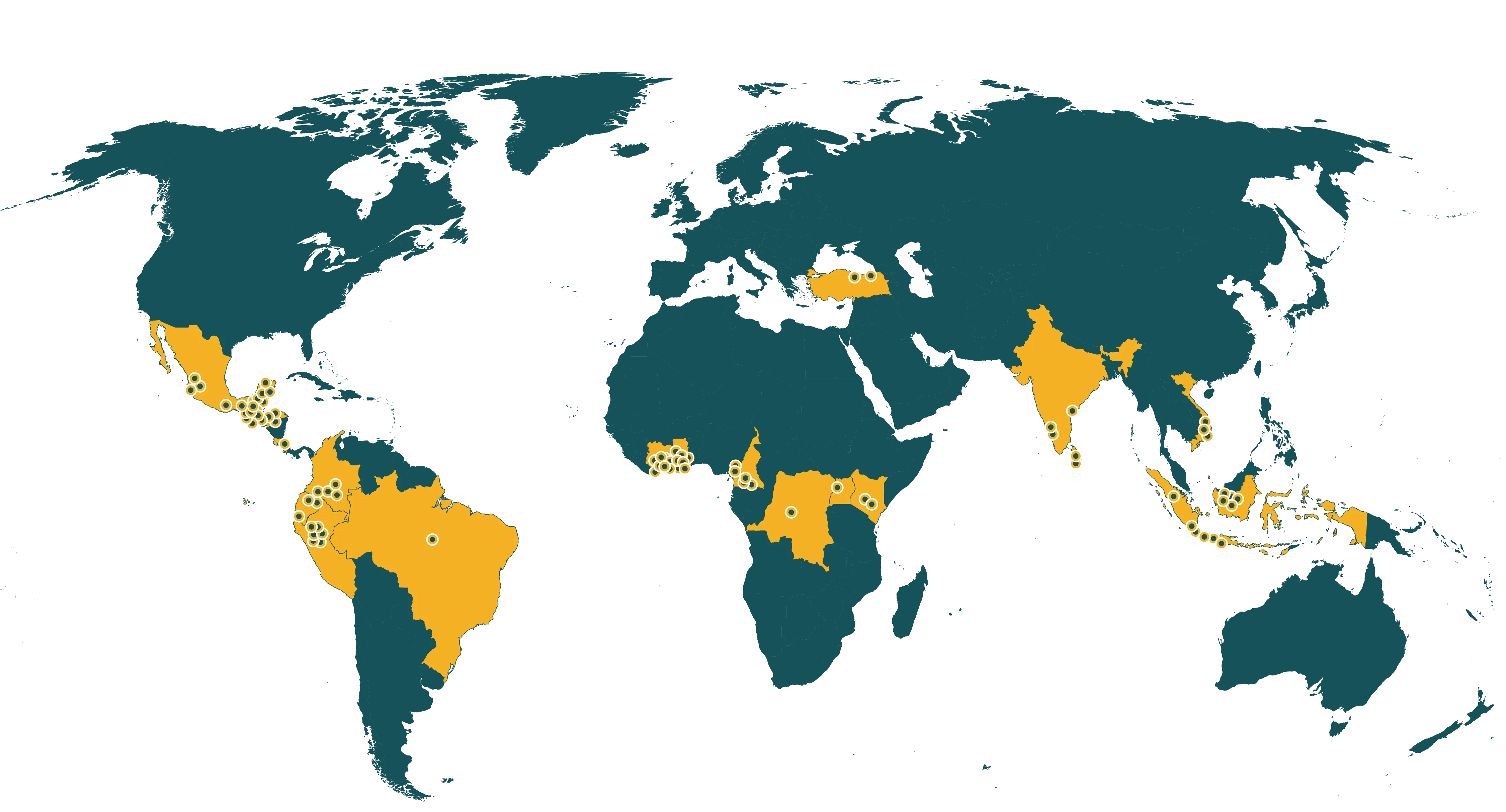 Map of current Rainforest Alliance certified landscape projects farms