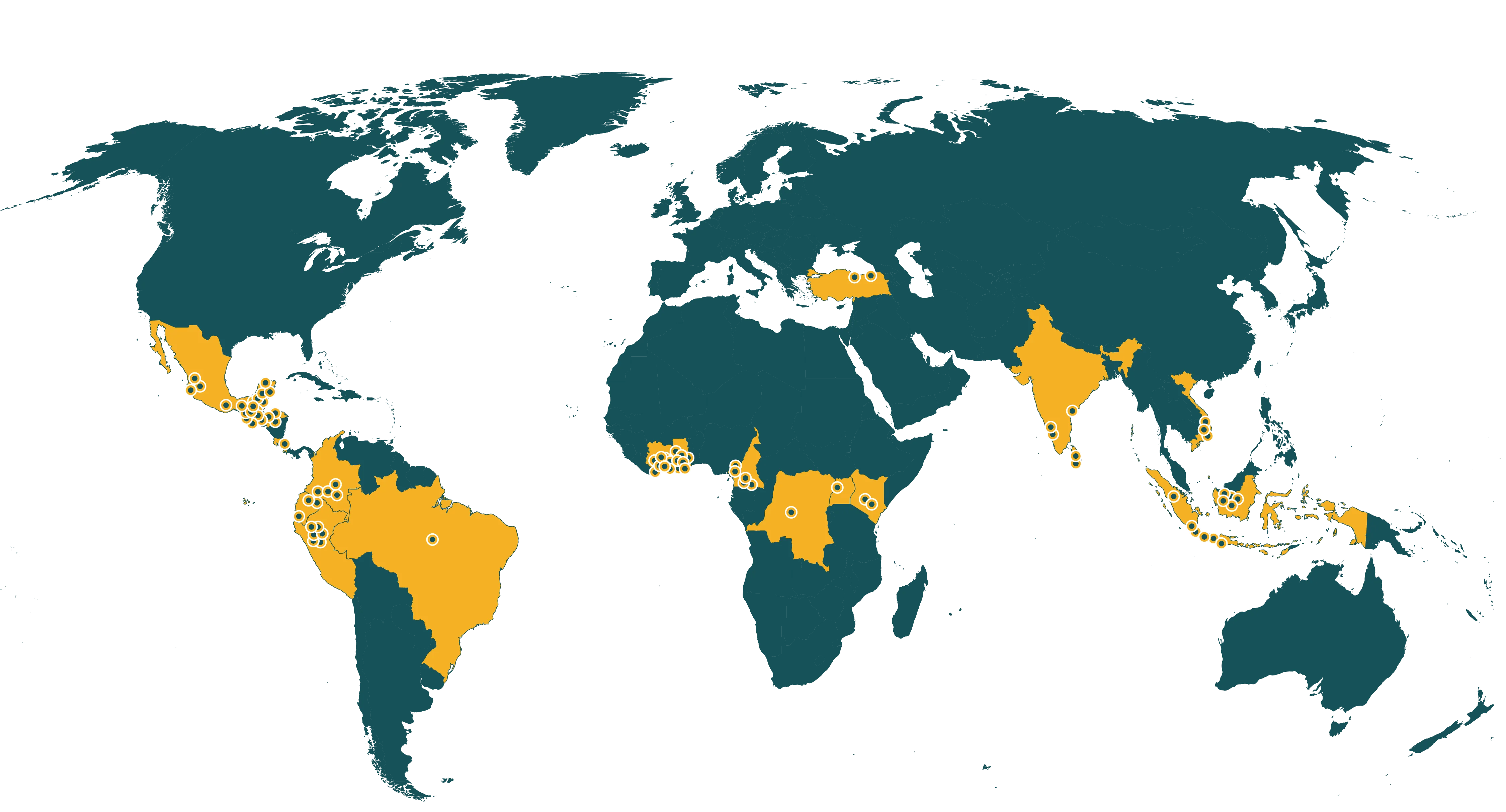 Map of current Rainforest Alliance certified landscape projects farms