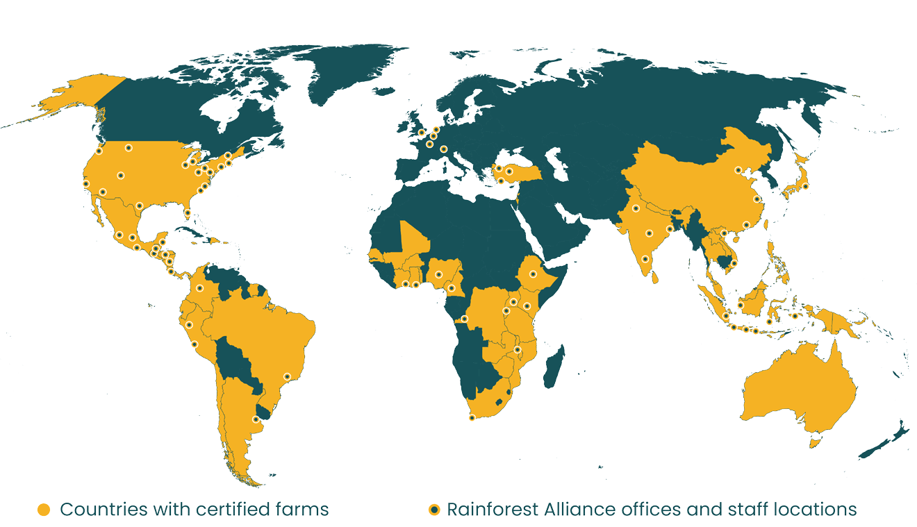 Animated gif of multiple maps showing where the Rainforest Allianceworks around the world.