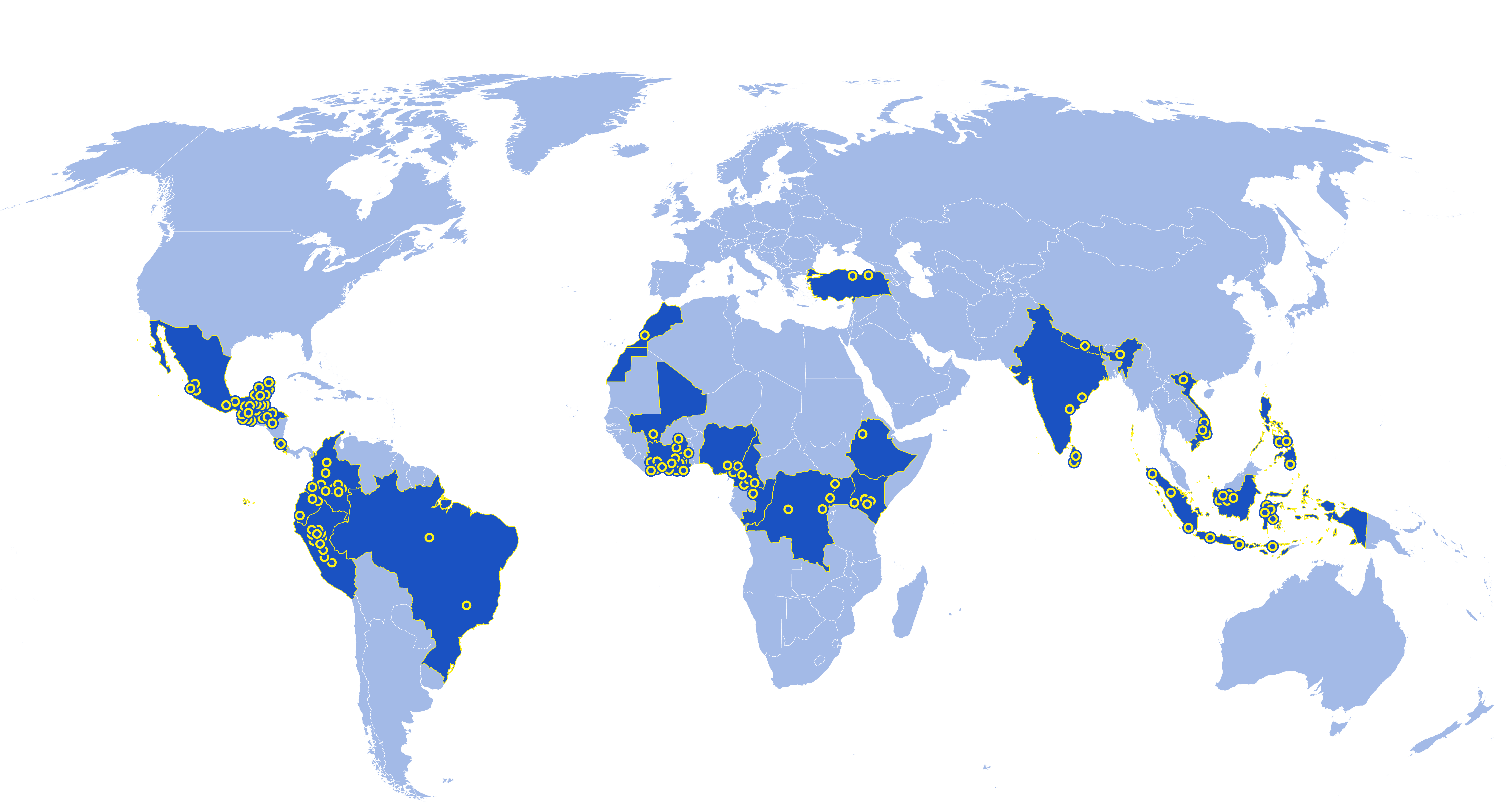 Map of current Rainforest Alliance certified landscape projects farms