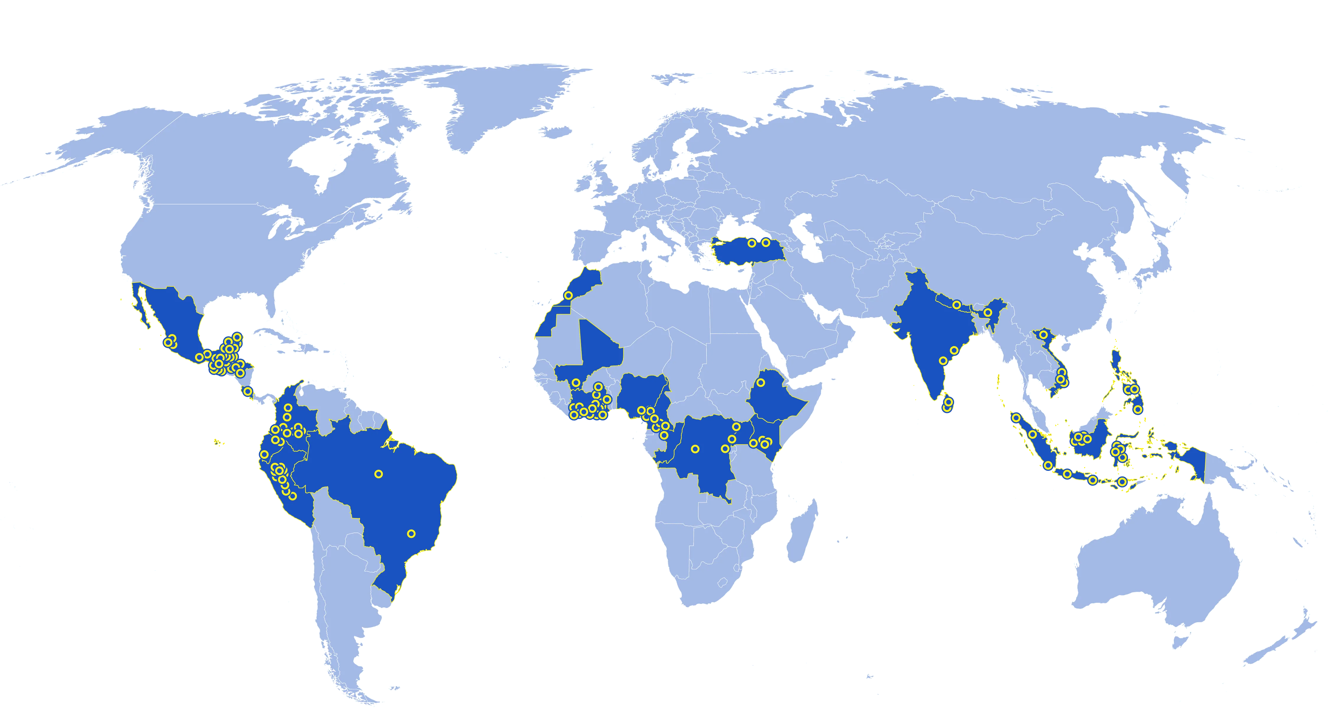 Map of current Rainforest Alliance certified landscape projects farms