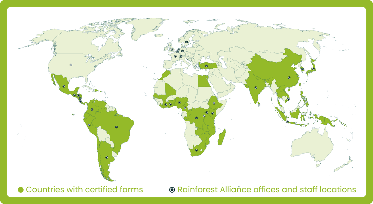Animated gif of multiple maps showing where the Rainforest Allianceworks around the world.