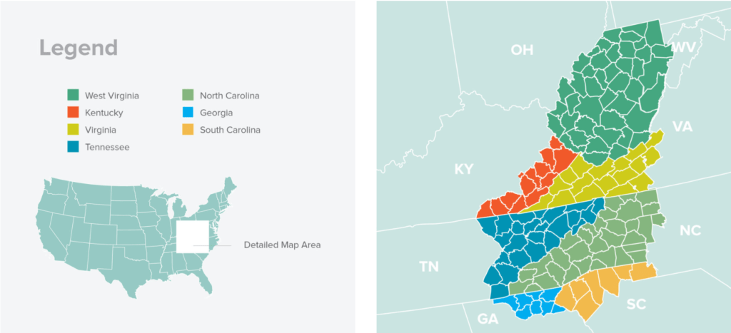 A map of the Southeastern United States region that AWA serves.