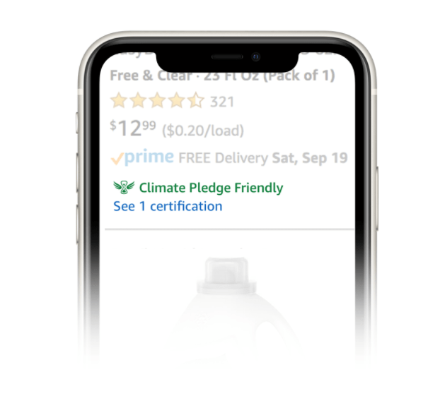 Image of a phone screen with the Climate Pledge Friendly logo displayed under the listed product on Amazon.com.