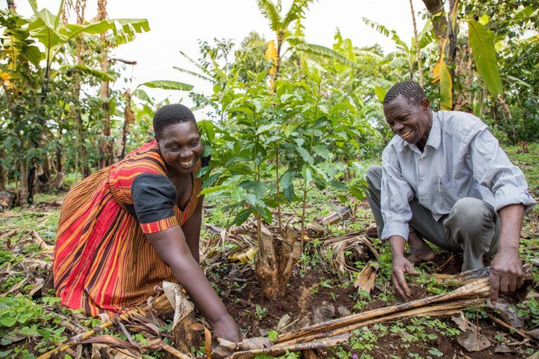 two farmers in a field smile