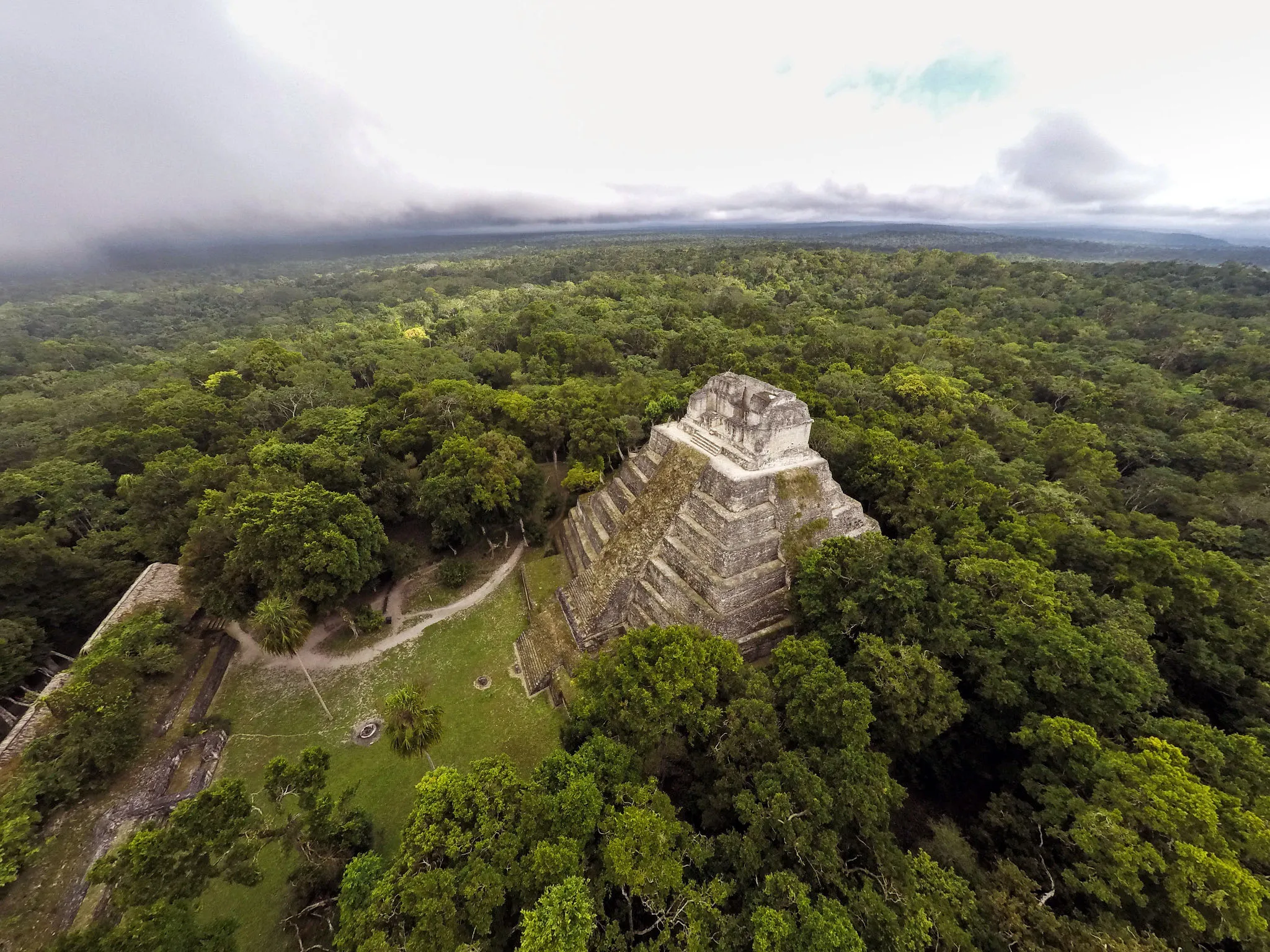 Aerial photo of the Yaxha Mayan ruins in the Petén region of Guatemala