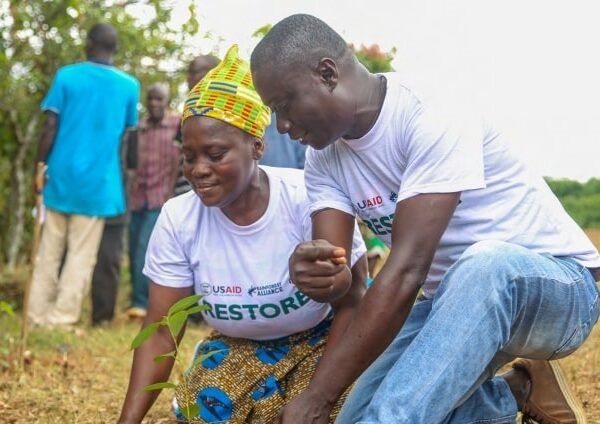 A man and woman planting a tree