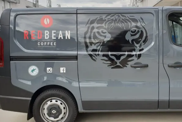 Red Bean Coffee van with Rainforest Alliance Certified seal