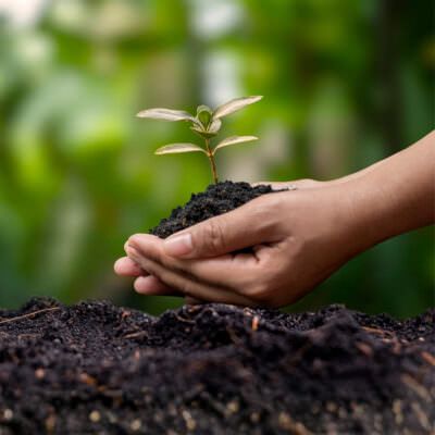 Hands holding seedling