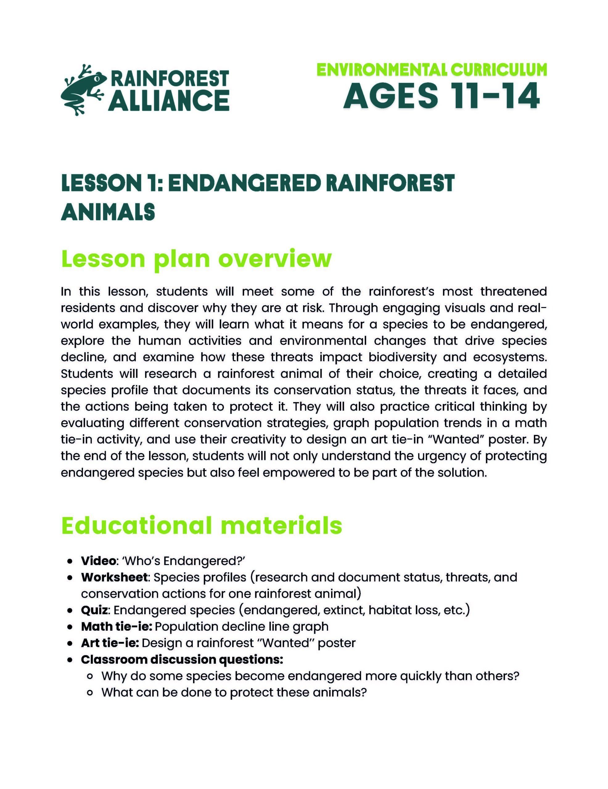 Lesson 1 thumbnail: Endangered Rainforest Animals (Ages 11–14).