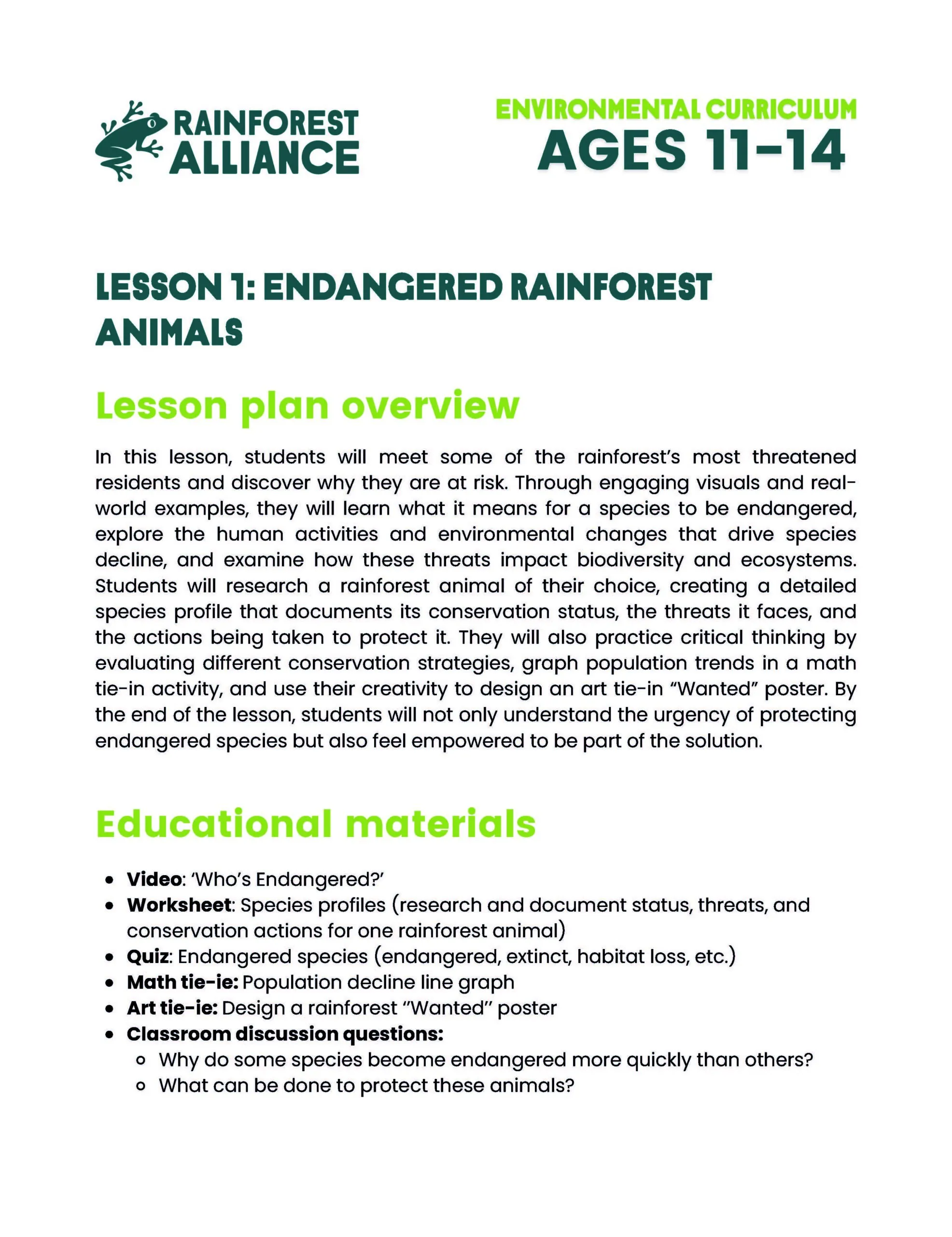 Lesson 1 thumbnail: Endangered Rainforest Animals (Ages 11–14).