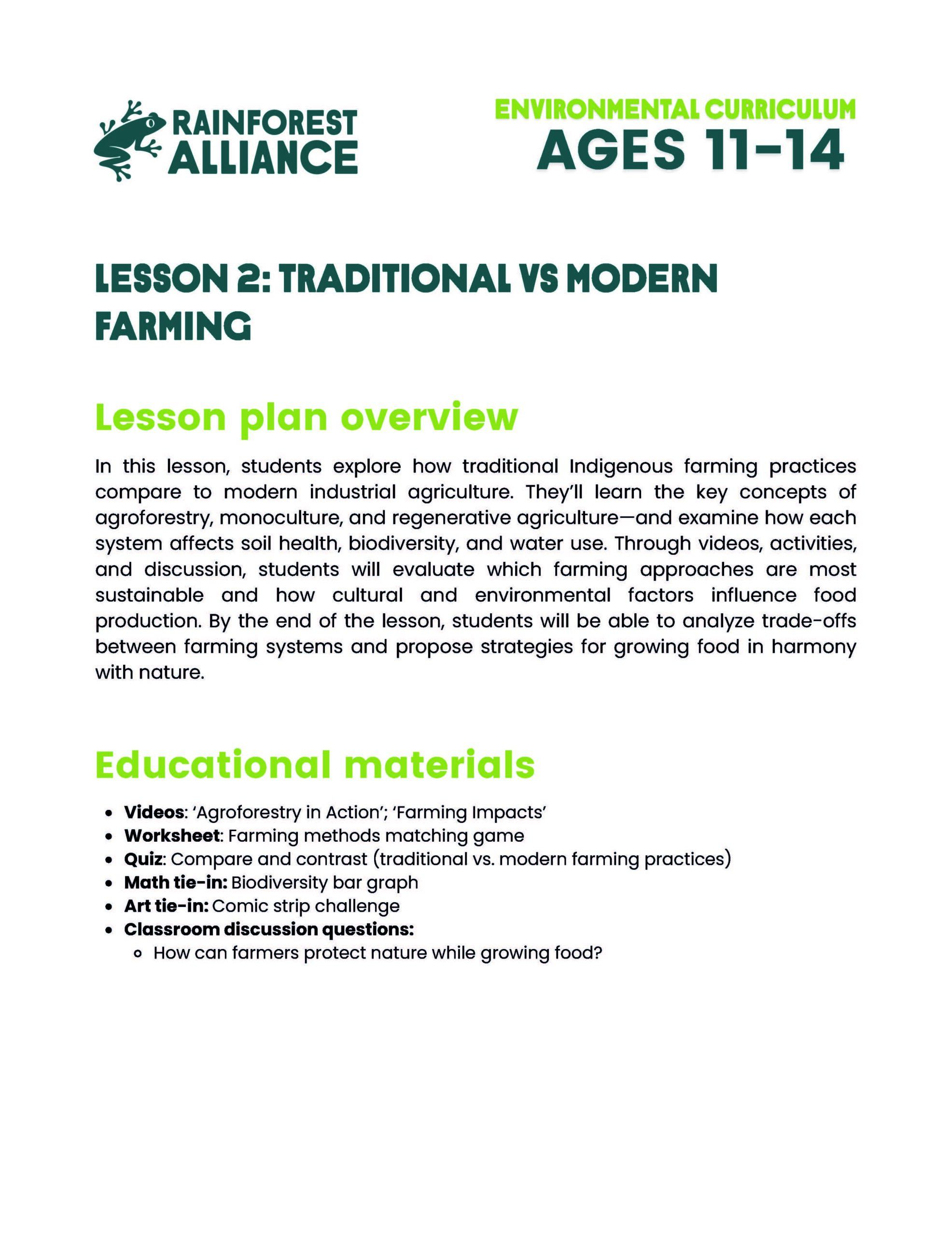 Lesson 2 thumbnail: Traditional vs. Modern Farming (Ages 11–14).