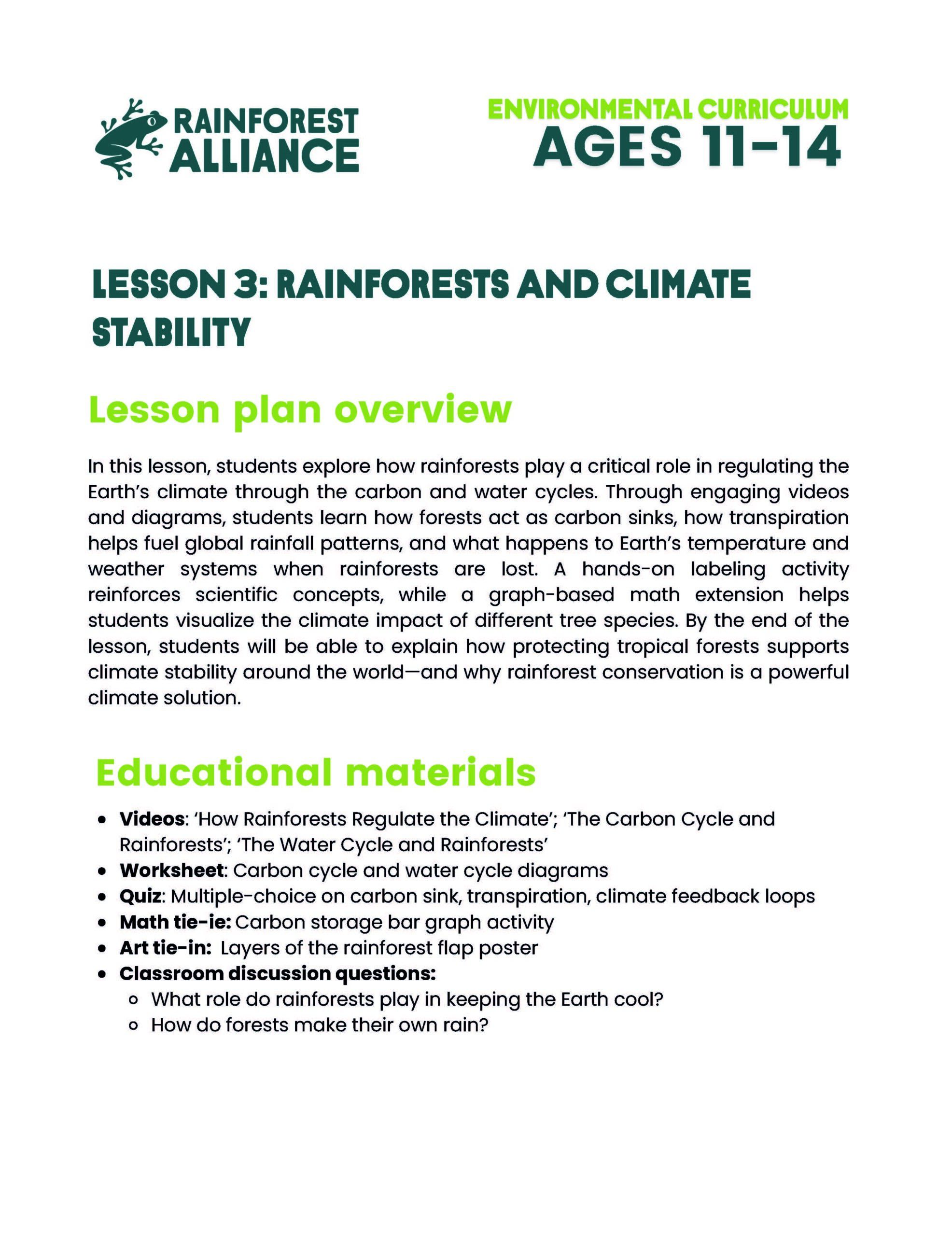 Lesson 3 thumbnail: Rainforests and Climate Stability (Ages 11–14).