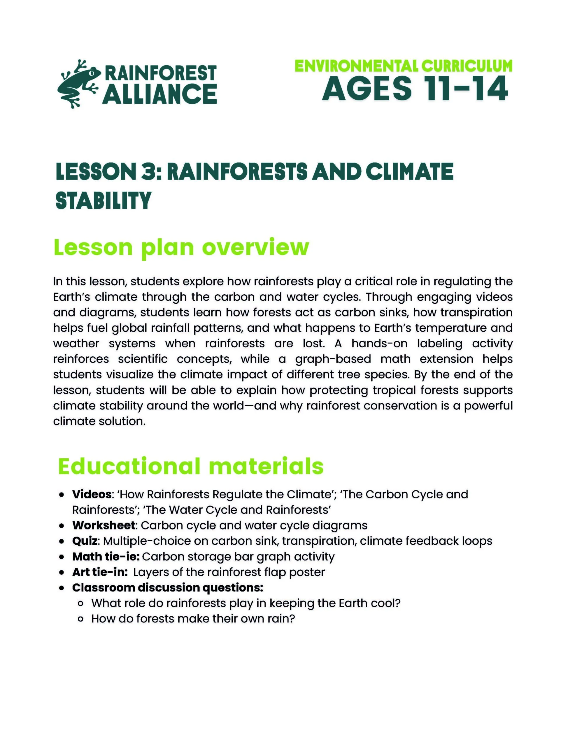 Lesson 3 thumbnail: Rainforests and Climate Stability (Ages 11–14).