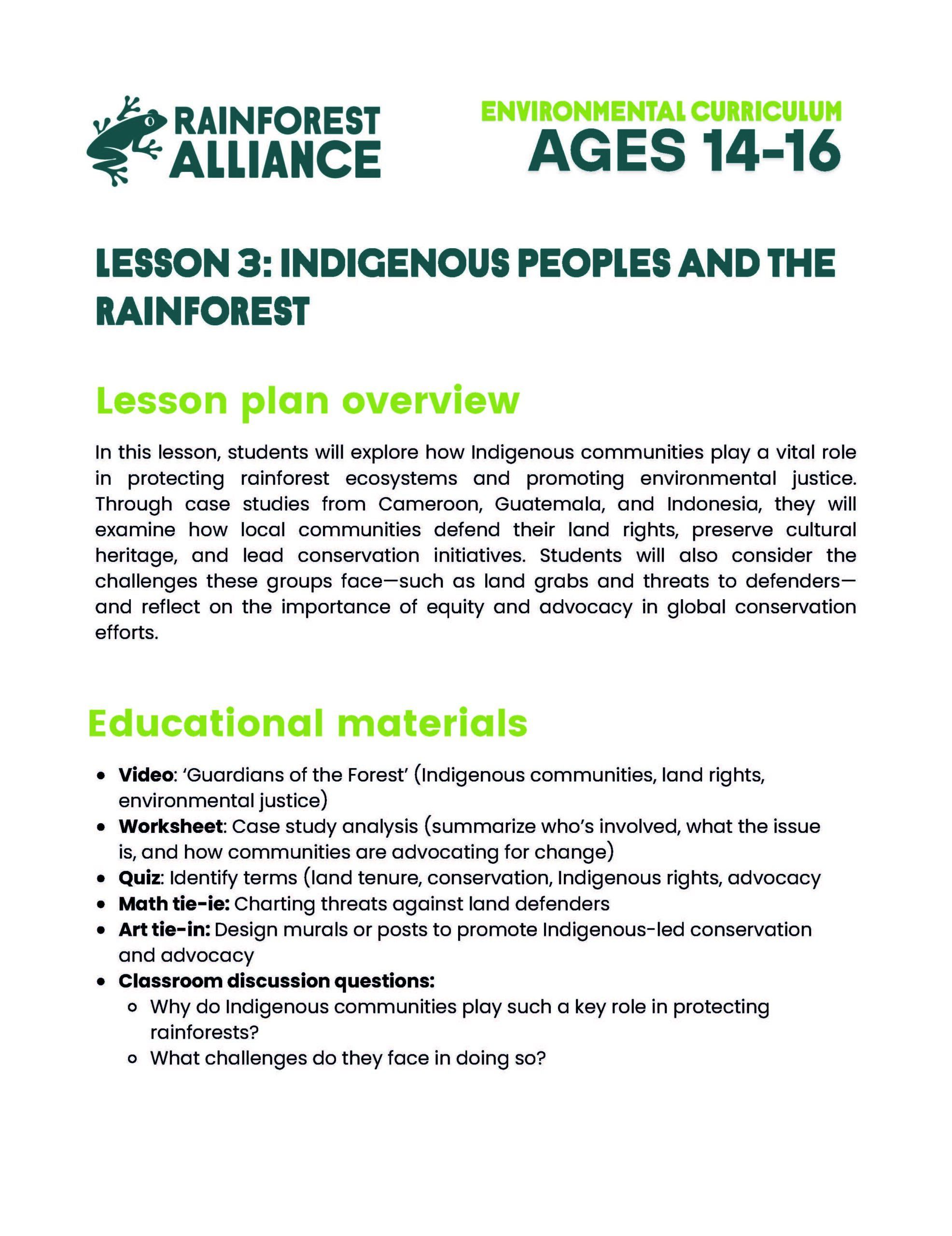 Lesson 3 thumbnail: Indigenous Peoples and the Rainforest (Ages 14–16).