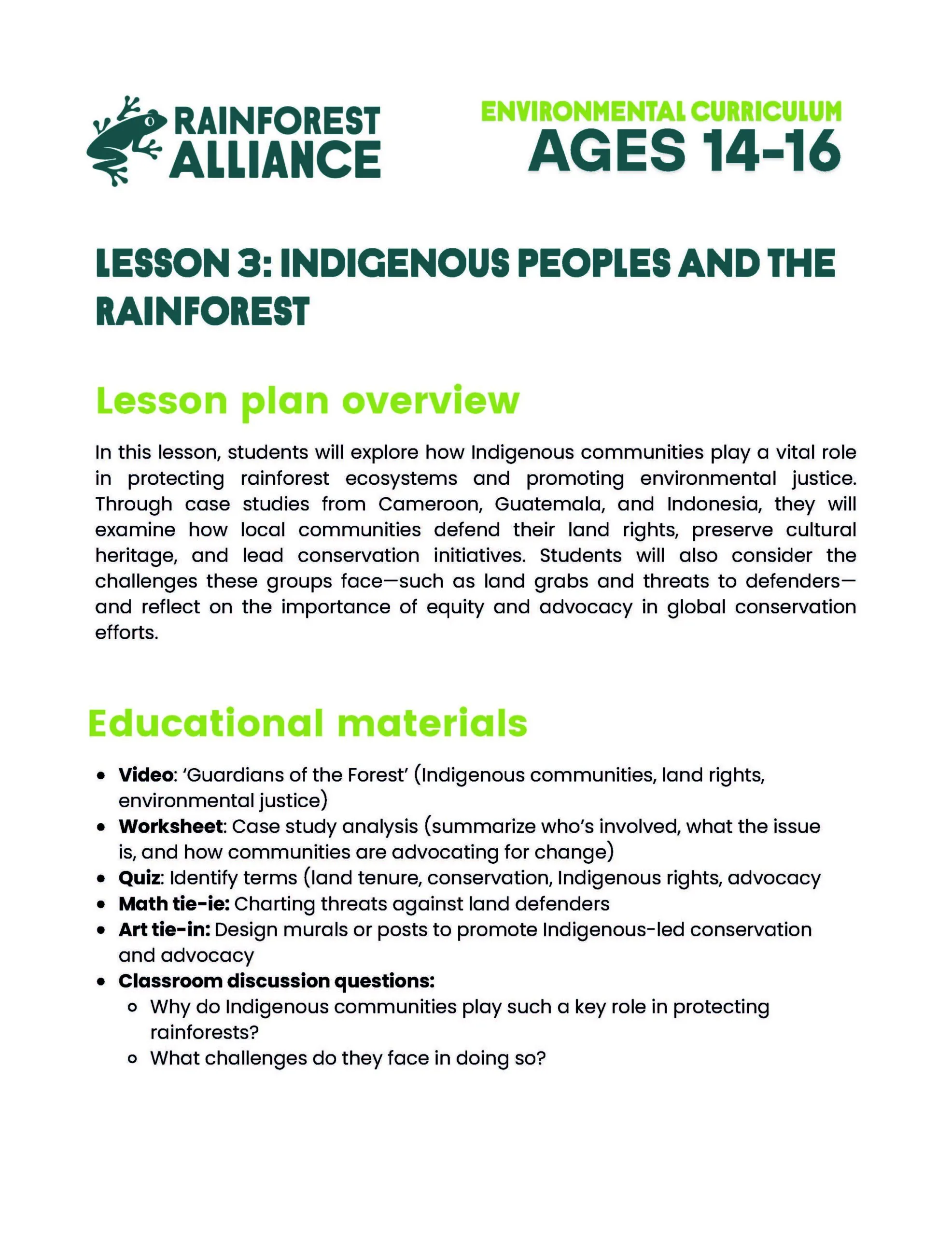 Lesson 3 thumbnail: Indigenous Peoples and the Rainforest (Ages 14–16).