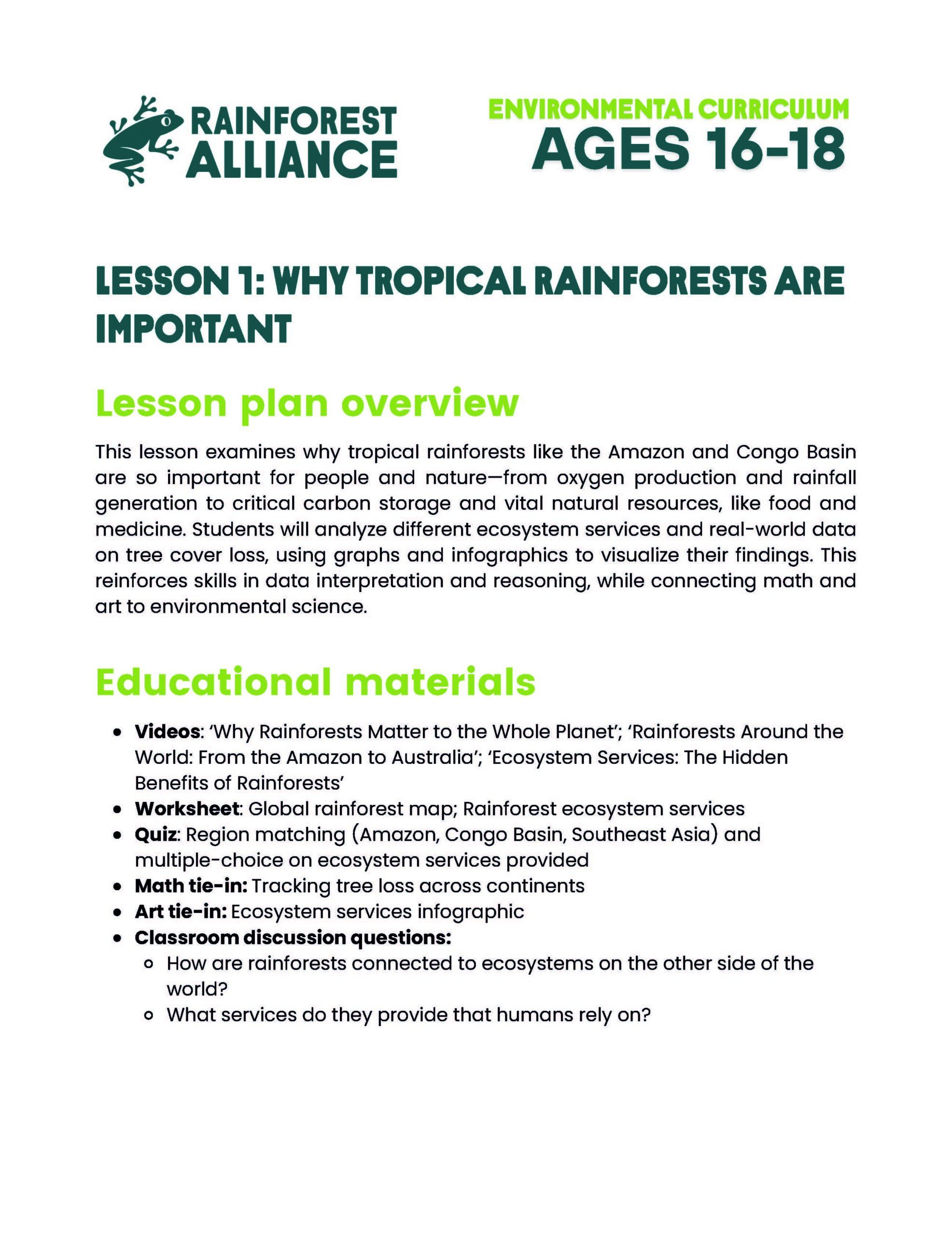 Lesson 1 thumbnail: Why Tropical Rainforests Are Important (Ages 16–18).