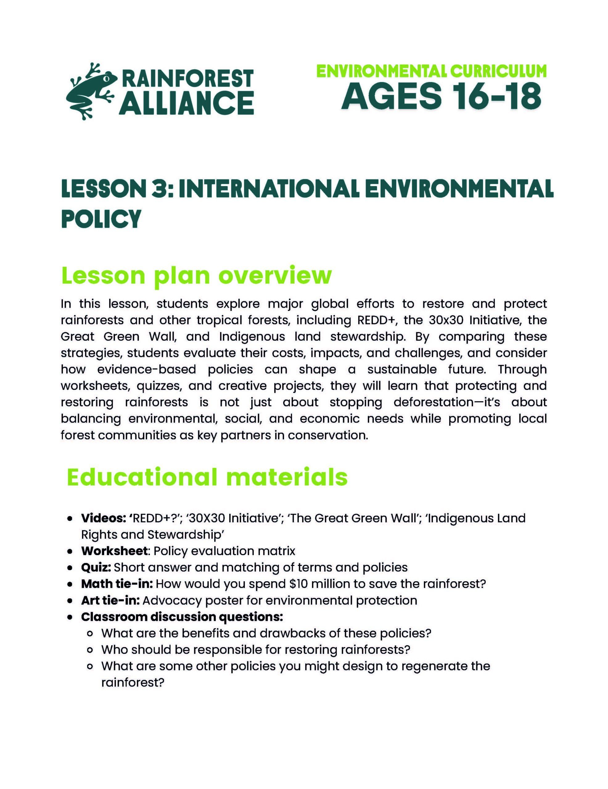Lesson 3 thumbnail: International Environmental Policy (Ages 16–18).