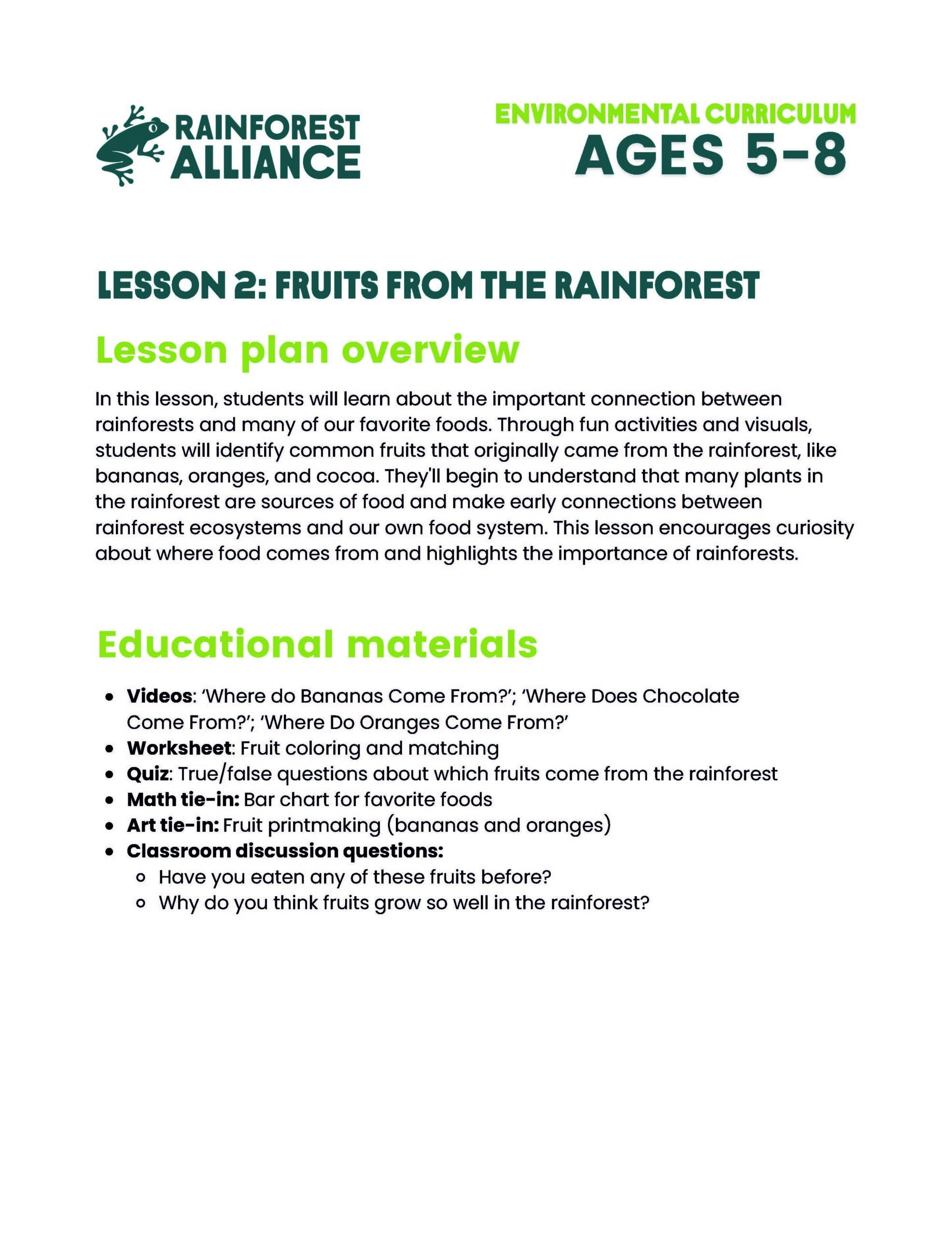 Lesson 2 thumbnail: Fruits from the Rainforest (Ages 5–8).