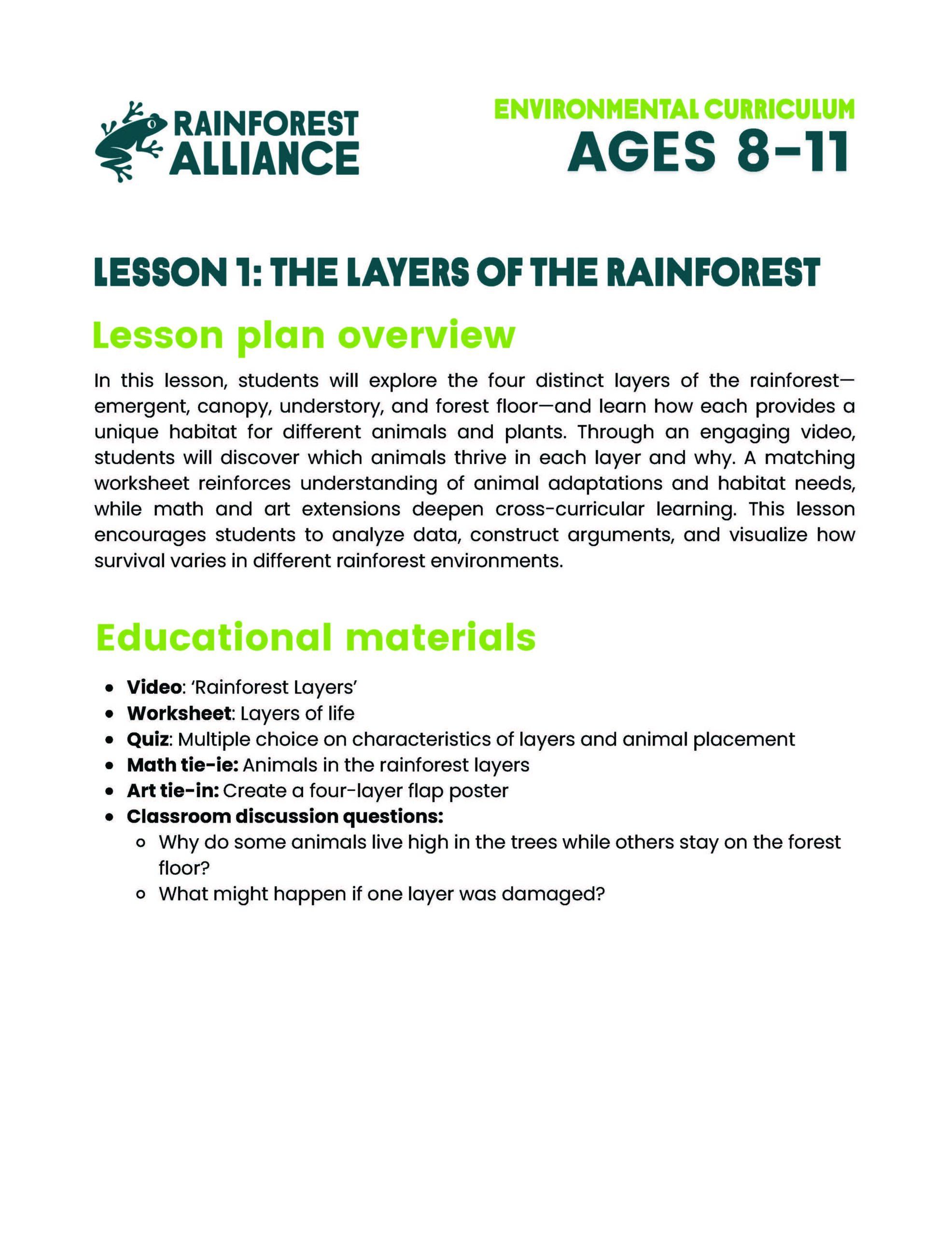 Lesson 1 thumbnail: Layers of the Rainforest (Ages 8–11).