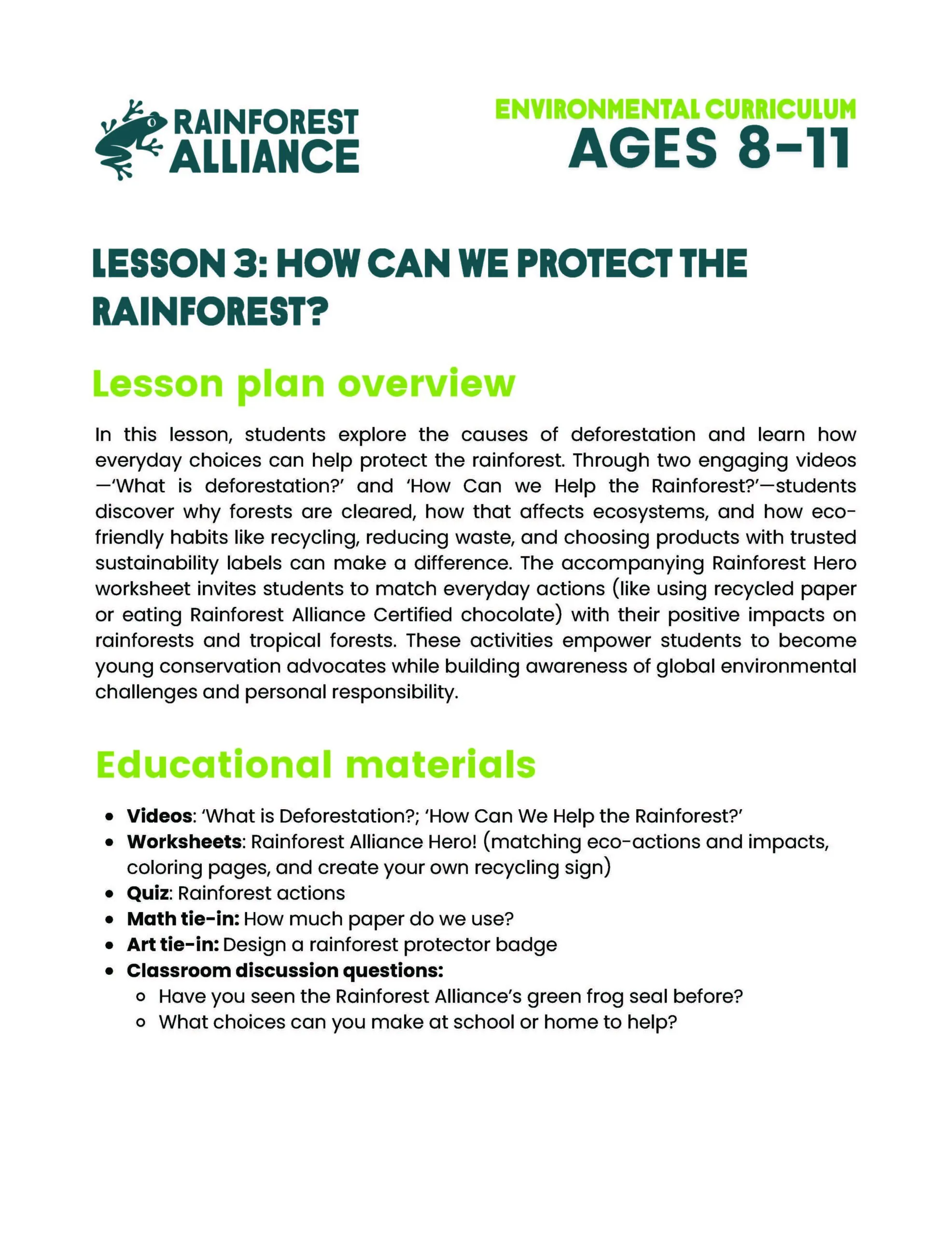 Lesson 3 thumbnail: How Can We Protect the Rainforest (Ages 8–11).