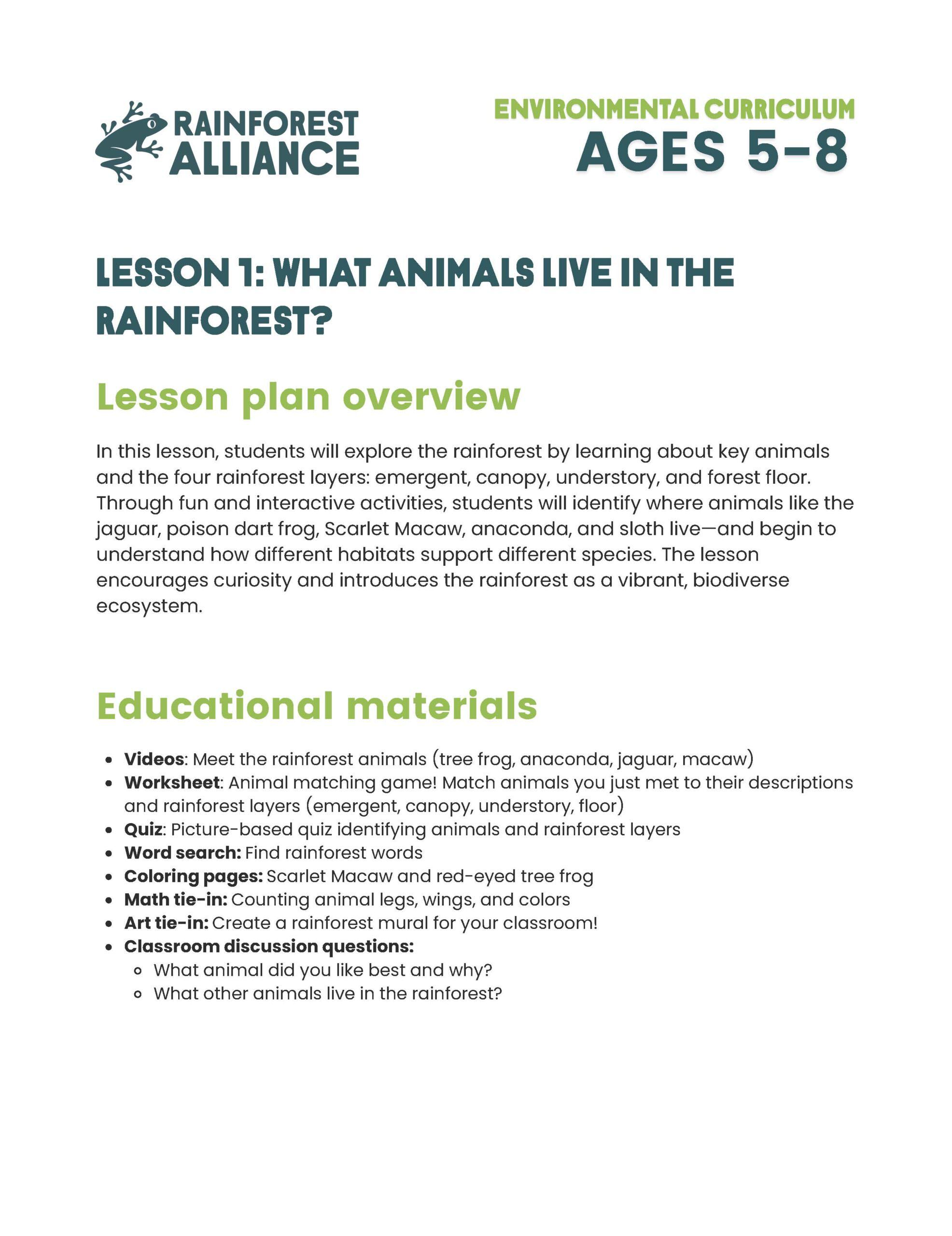 Lesson 1 thumbnail: What Animals Live in the Rainforest (Ages 5–8).